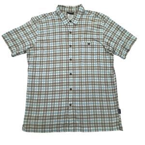 Patagonia Organic Cotton Button Up Shirt Mens L Blue Short Sleeve Plaid Collared